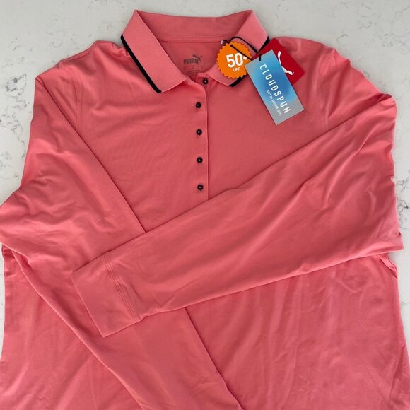 Puma W Cloudspun Activewear Long Slv Polo Top Carnation Pink & Navy Sz XL NWT - Picture 3 of 12